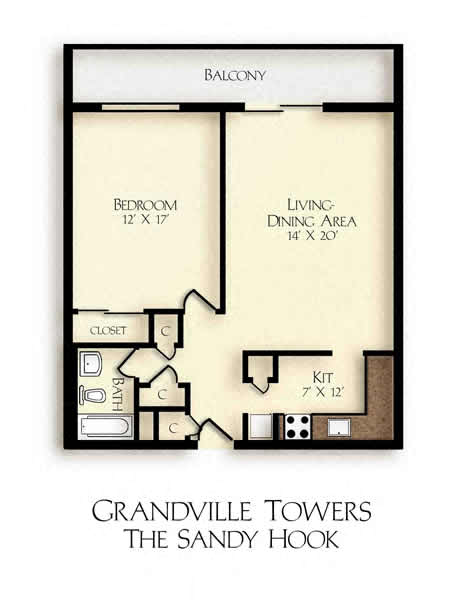 Floor plan for 1 bed, 1 bath, 680 sqft